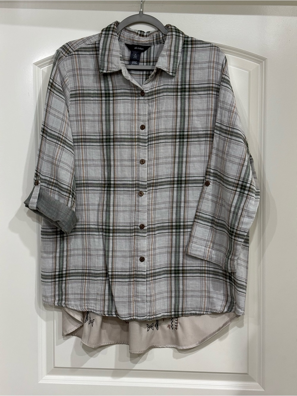 Ali Miles Neutral Plaid Button-Up Shirt with Olive and Tan Stripes
